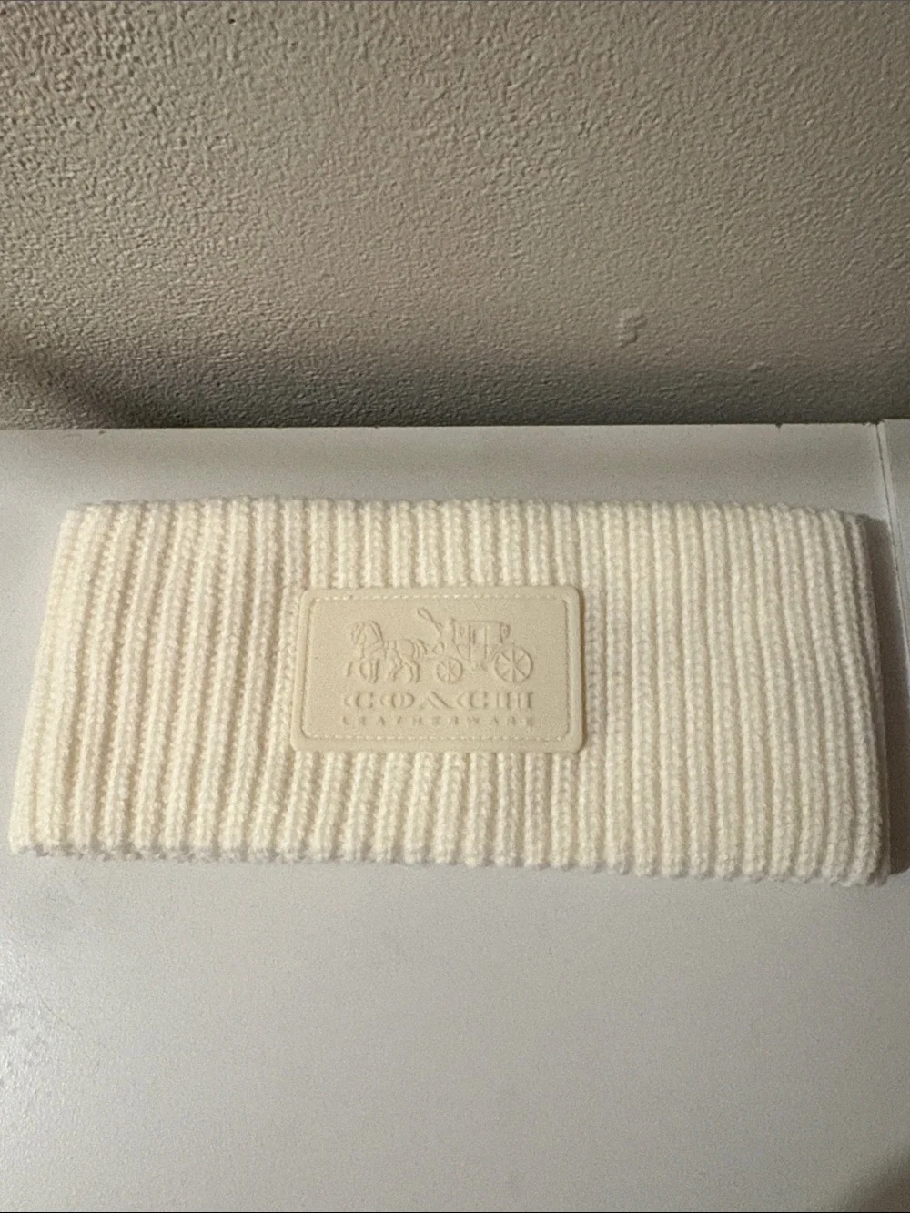 Coach Cream Ribbed Knit Headband with Signature Patch